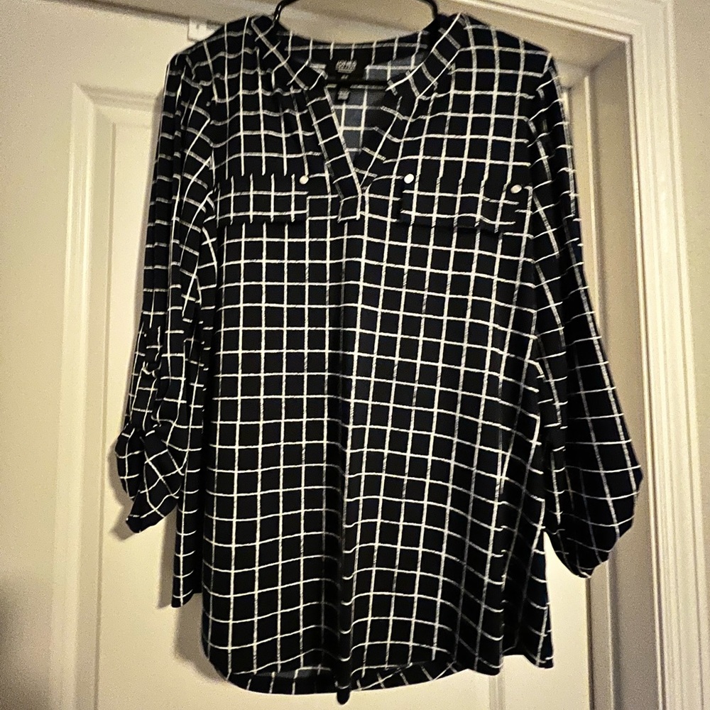 Work Top Navy Blue and White Printed Top